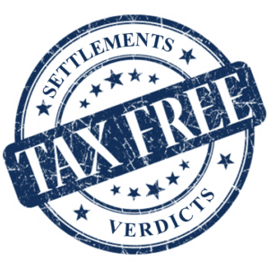 A circular blue stamp with the words “Tax Free” in large text and “Settlements” and “Verdicts” in smaller text around the edges. The design includes stars and a distressed texture.