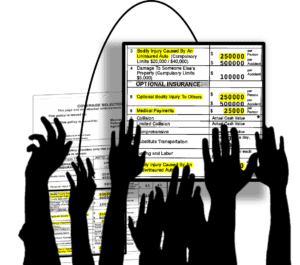 Silhouetted hands reach towards an insurance document highlighting coverage limits and costs. Various sections are marked, showing amounts like $250,000 for bodily injury and $100,000 for property damage.