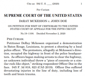 A Supreme Court document titled "DeRay Mckesson v. John Doe" details a petition for writ of certiorari about an incident involving a demonstration in Baton Rouge, Louisiana, leading to an officer being injured.