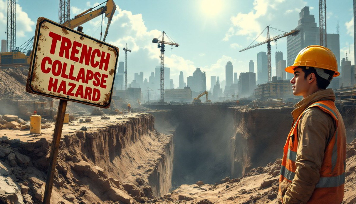 An overview of a construction site in Boston, highlighting trench collapse risks.