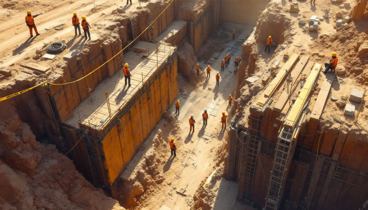 Safety measures being implemented at a construction site to prevent trench collapses.