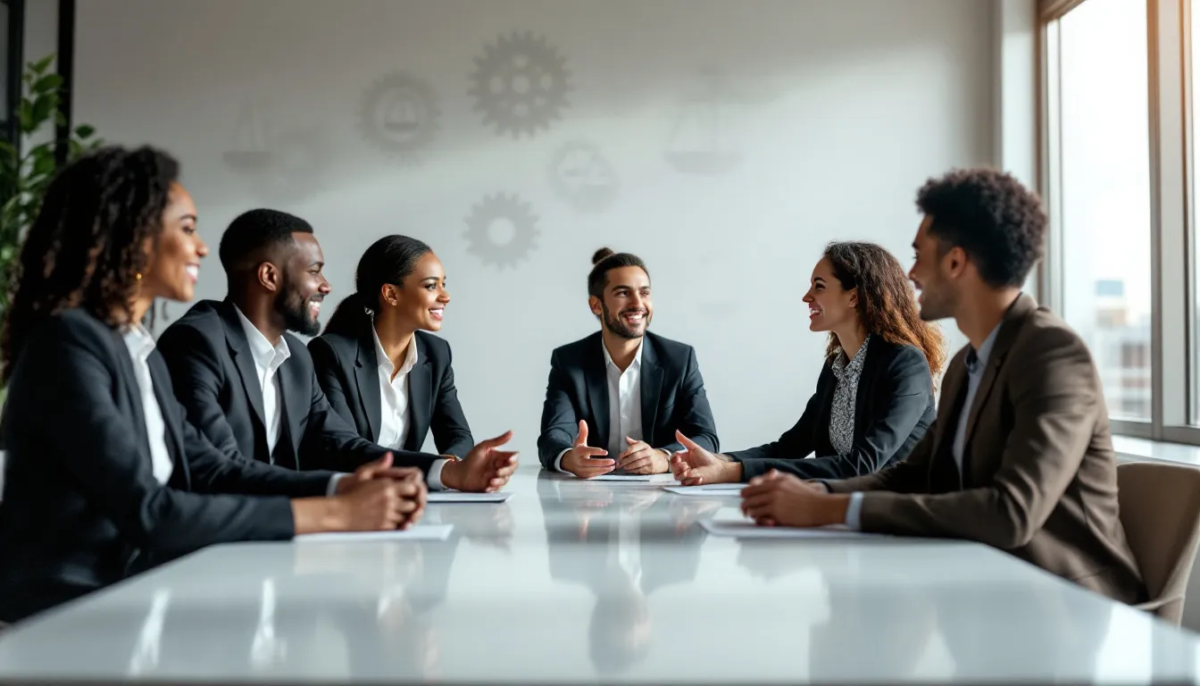 A team of personal injury attorneys collaborating in a law office.