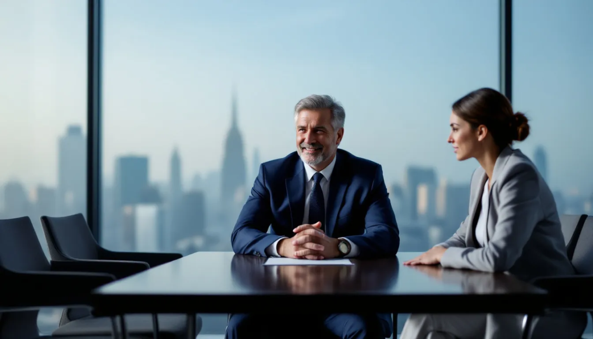 A client receiving a free case evaluation from a personal injury lawyer.