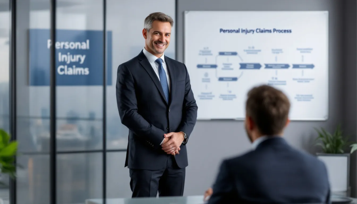 A lawyer explaining the legal process for personal injury claims to a client.