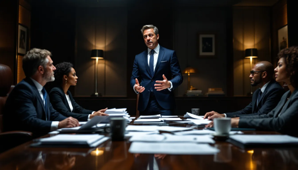 A legal team strategizing in a conference room to maximize compensation for clients.