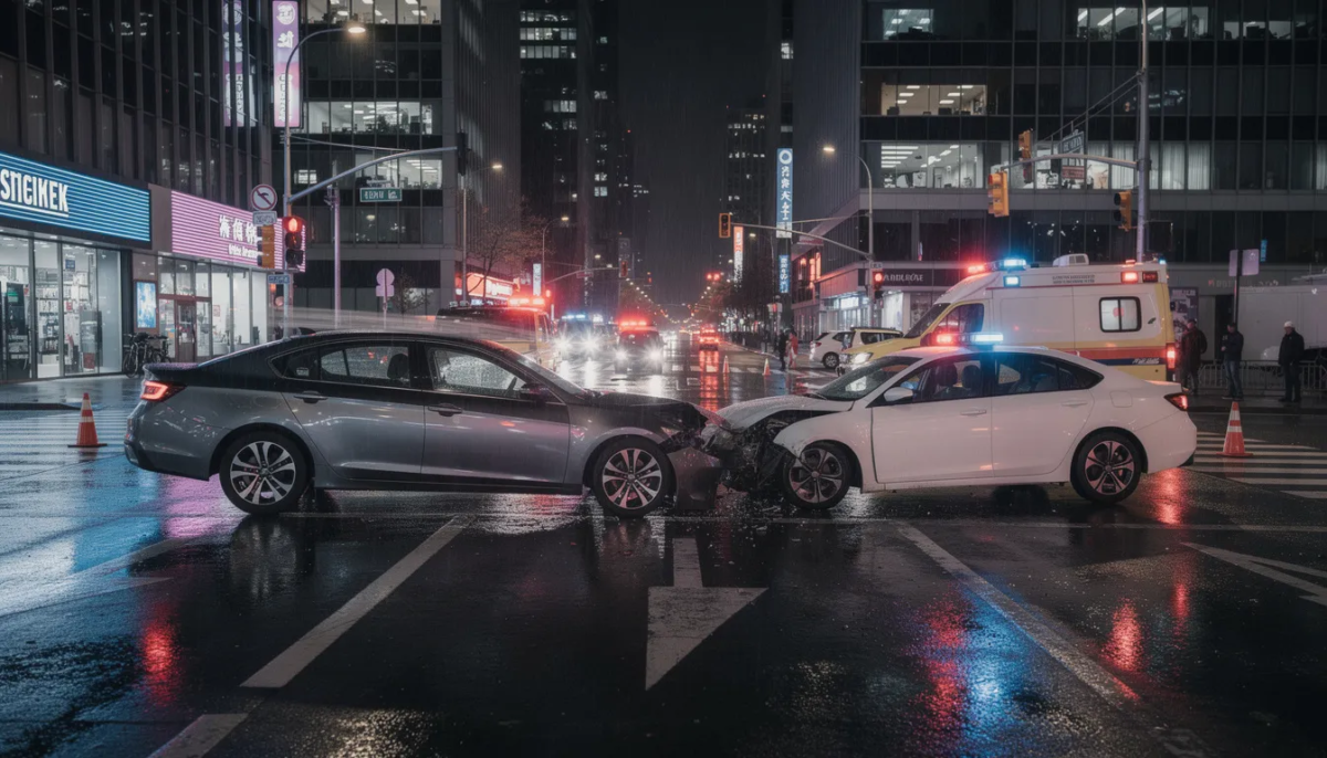 The image depicts a car accident at a busy city intersection, with emergency lights flashing in the background. It illustrates the chaotic scene often surrounding rideshare accidents, highlighting the importance of seeking medical attention and understanding your legal rights if involved in an Uber or Lyft accident.