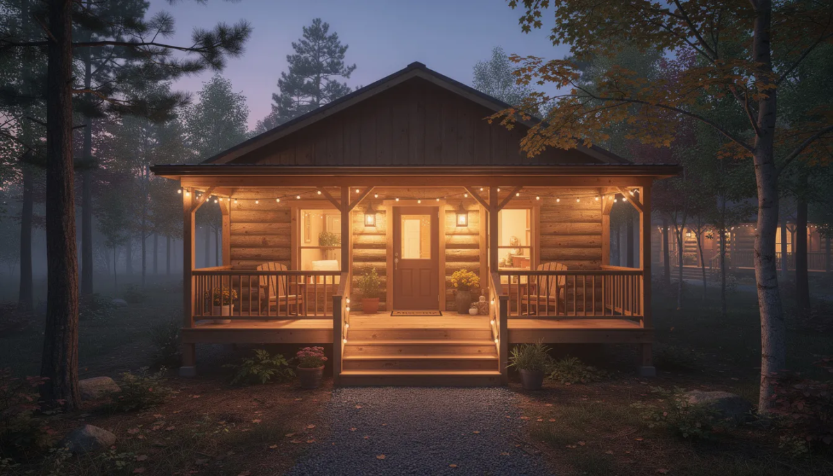 The image depicts a charming vacation rental cabin with a welcoming porch and steps leading up to the front door, perfect for guests seeking a cozy getaway. The property, ideal for Airbnb or VRBO rentals, offers a serene atmosphere for relaxation and enjoyment.