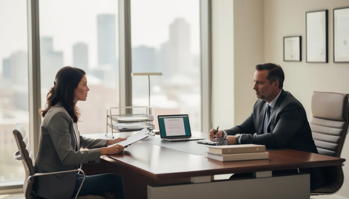 The image shows a professional consultation between an experienced personal injury lawyer and a client in a modern office setting, discussing legal options related to an Uber or Lyft accident. The lawyer is providing guidance on how to seek compensation for medical expenses and property damage resulting from a rideshare accident.