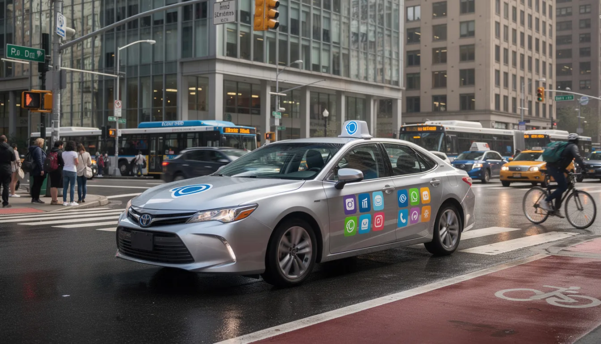 The image shows a rideshare vehicle, prominently displaying Uber and Lyft app logos, navigating through a bustling urban intersection filled with other cars and pedestrians. This scene highlights the busy environment where rideshare accidents can occur, emphasizing the importance of understanding insurance coverage and legal options for those involved in an accident involving Uber or Lyft drivers.
