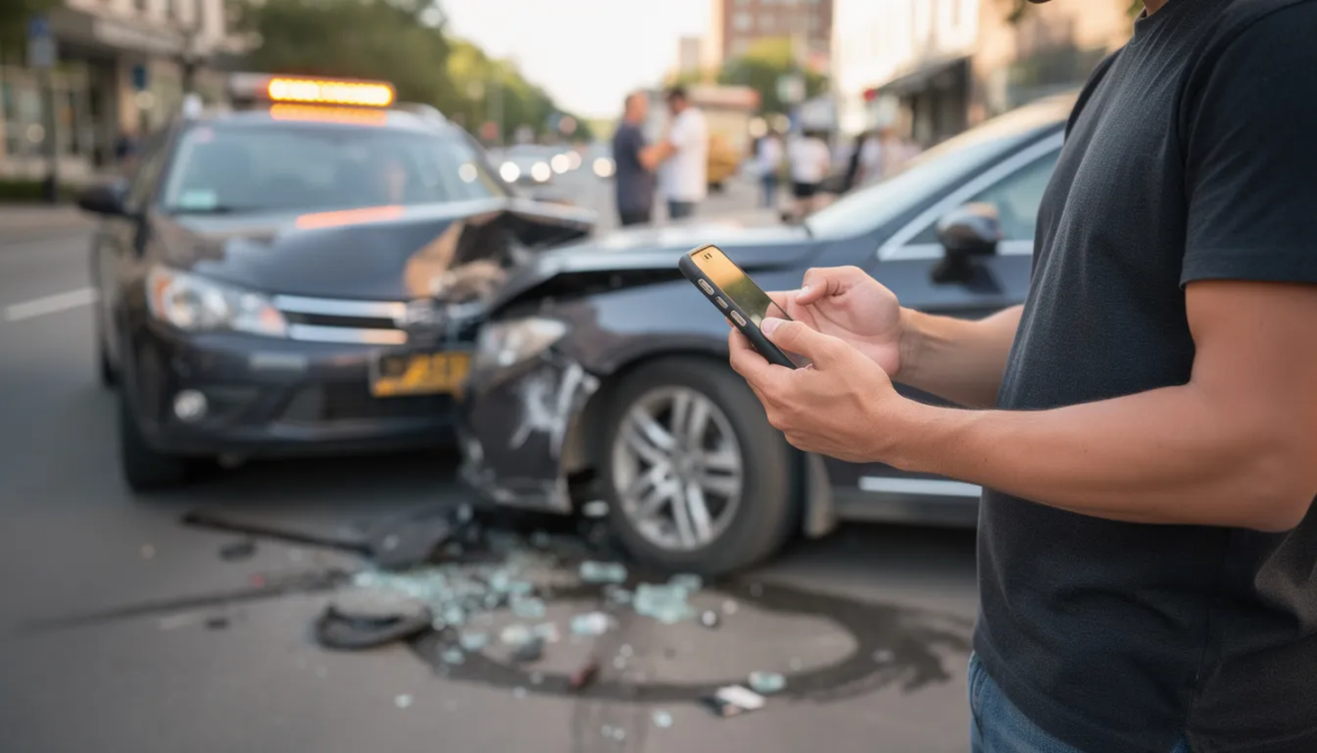 The image shows a person at an accident scene documenting vehicle damage with a smartphone, likely to gather evidence for a potential personal injury lawsuit related to an Uber or Lyft accident. This could help in proving liability and seeking fair compensation from the insurance company.