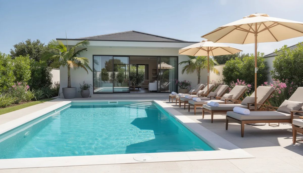 The image shows a backyard swimming pool at a vacation rental property, surrounded by lounge chairs, creating a relaxing atmosphere for guests. This inviting space is part of a well-maintained Airbnb or VRBO rental, perfect for enjoying a vacation while ensuring safety and comfort.