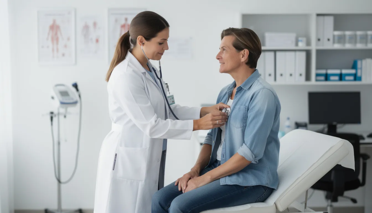 A medical professional in a white coat is examining a patient, likely assessing for signs of a head injury or traumatic brain injury after a recent car accident. The healthcare provider is conducting a physical examination to evaluate the patient's neurological function and any potential symptoms of brain damage.