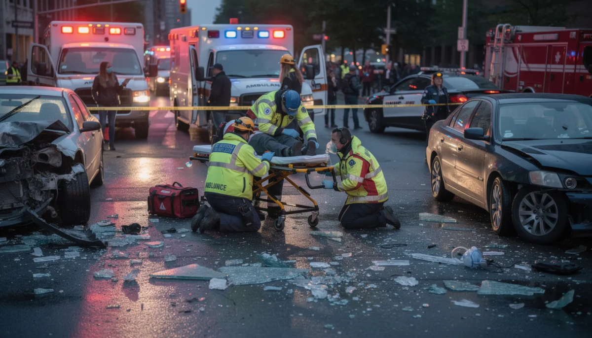 Emergency medical responders are providing immediate medical attention at a car accident scene, where damaged vehicles are visible. The responders are focused on assessing potential traumatic brain injuries and other physical symptoms that may have resulted from the crash.