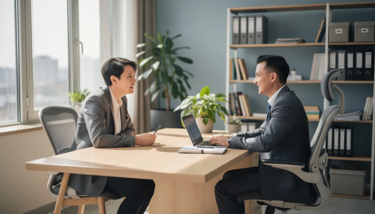 A person is seated across from a professional in an office setting, discussing issues related to traumatic brain injury, possibly following a car accident. The environment suggests a serious consultation, likely addressing medical concerns such as head trauma, symptoms, and potential legal matters regarding personal injury claims.