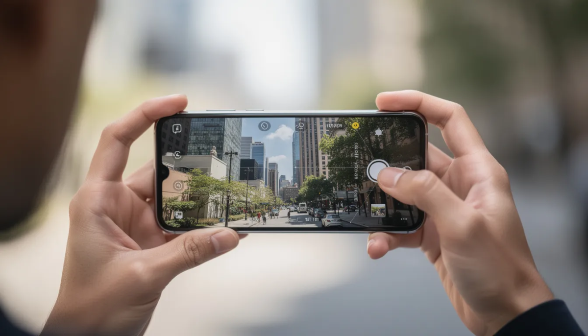 A person's hands are holding a smartphone, capturing a photo, possibly of a rental property like an Airbnb or VRBO vacation rental. This image illustrates the importance of documenting the condition of a property, which can be crucial for property owners and managers in case of any premises liability claims.