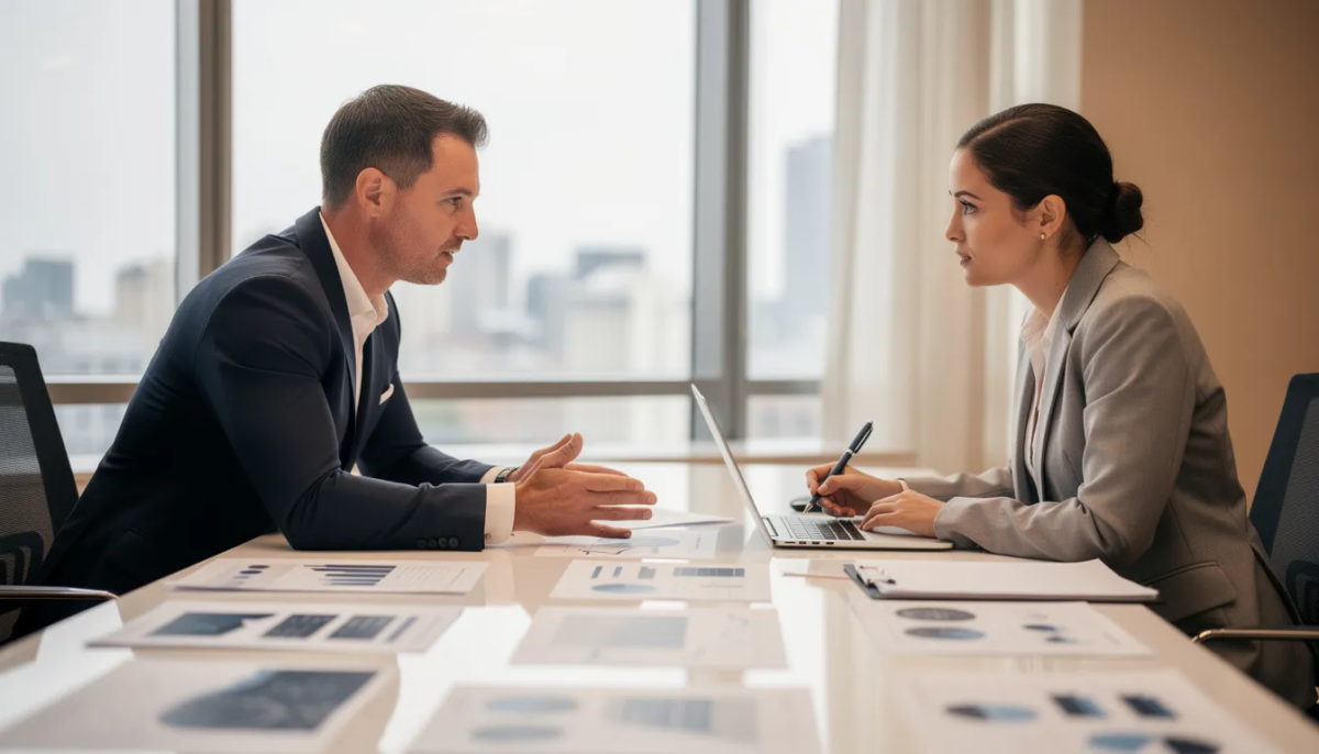 The image depicts two professionals engaged in a discussion at a desk cluttered with documents related to property management and insurance coverage for vacation rentals. They appear to be discussing important topics such as liability protection and the legal rights of property owners in the context of Airbnb and VRBO rentals.
