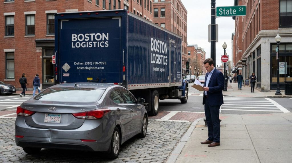 man reviewing clipboard near Boston Logistics truck and Hyundai sedan on State Street
