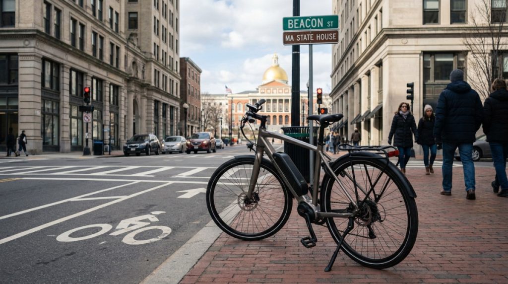 electric bicycle parked on Beacon Street sidewalk near Massachusetts State House