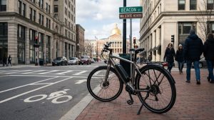 electric bicycle parked on Beacon Street sidewalk near Massachusetts State House