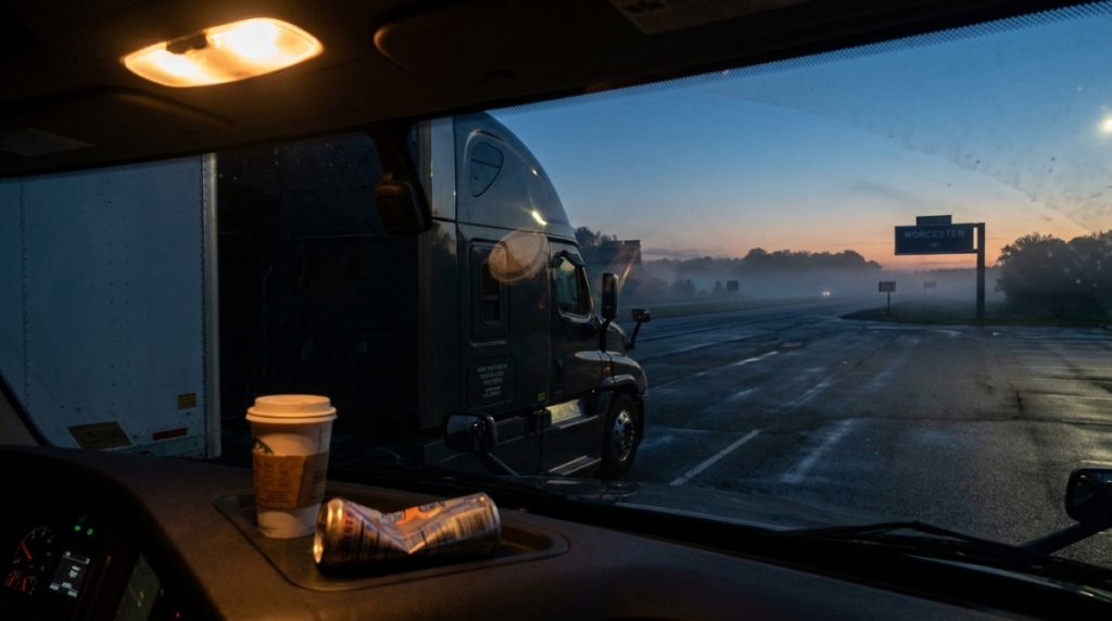 truck cab interior dashboard with coffee cup semi-truck and Worcester highway sign visible