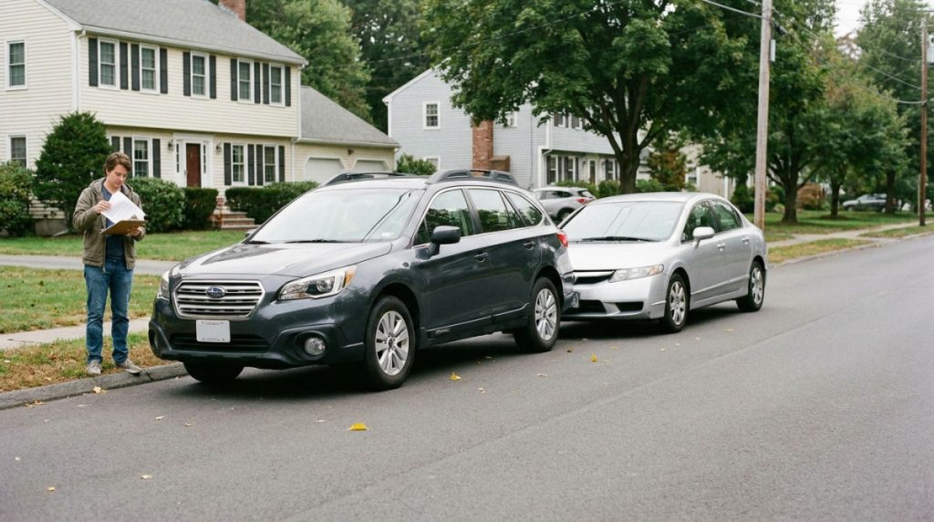 person reviewing documents beside two vehicles involved in rear-end collision on residential street