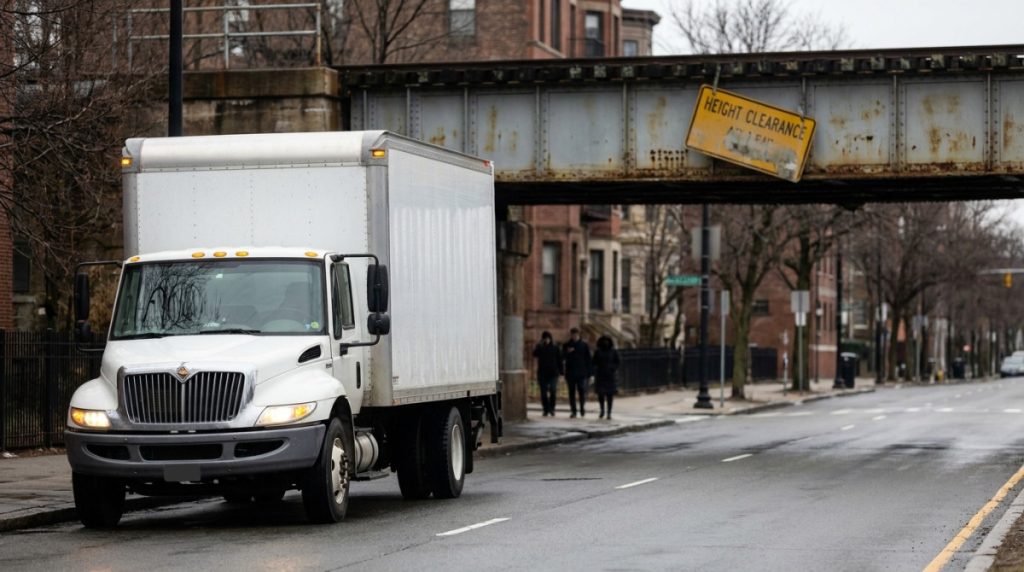 box truck approaching urban overpass with visible Height Clearance warning sign
