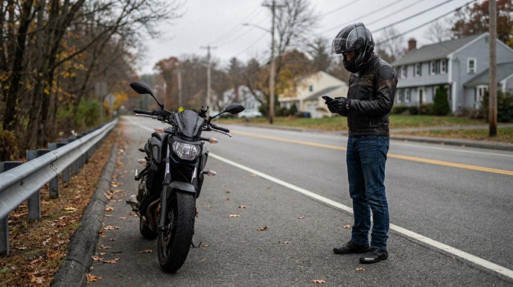 helmeted motorcyclist standing beside parked motorcycle on roadside using phone