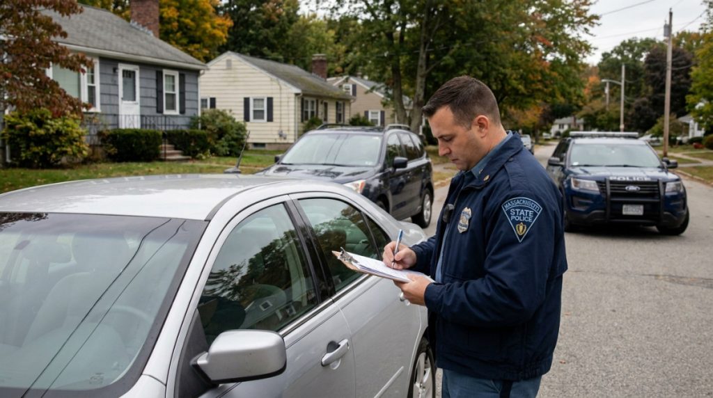 Massachusetts State Police officer writing notes on clipboard beside stopped vehicle