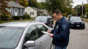 Massachusetts State Police officer writing notes on clipboard beside stopped vehicle