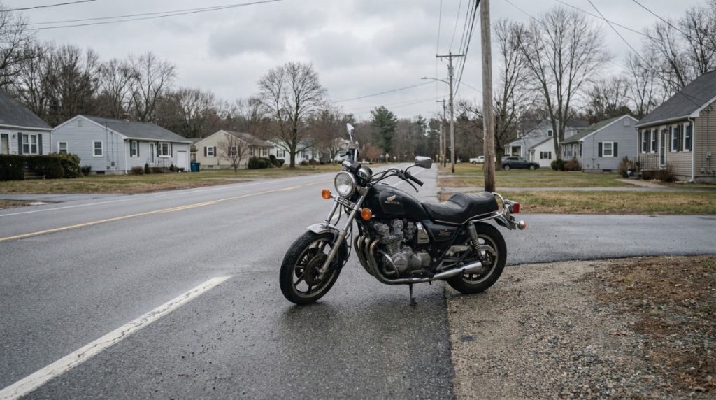 Honda motorcycle parked on wet residential road near street corner
