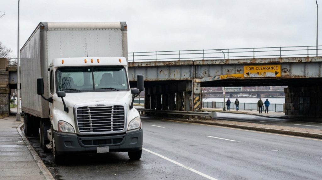 large commercial truck approaching overpass with Low Clearance warning sign