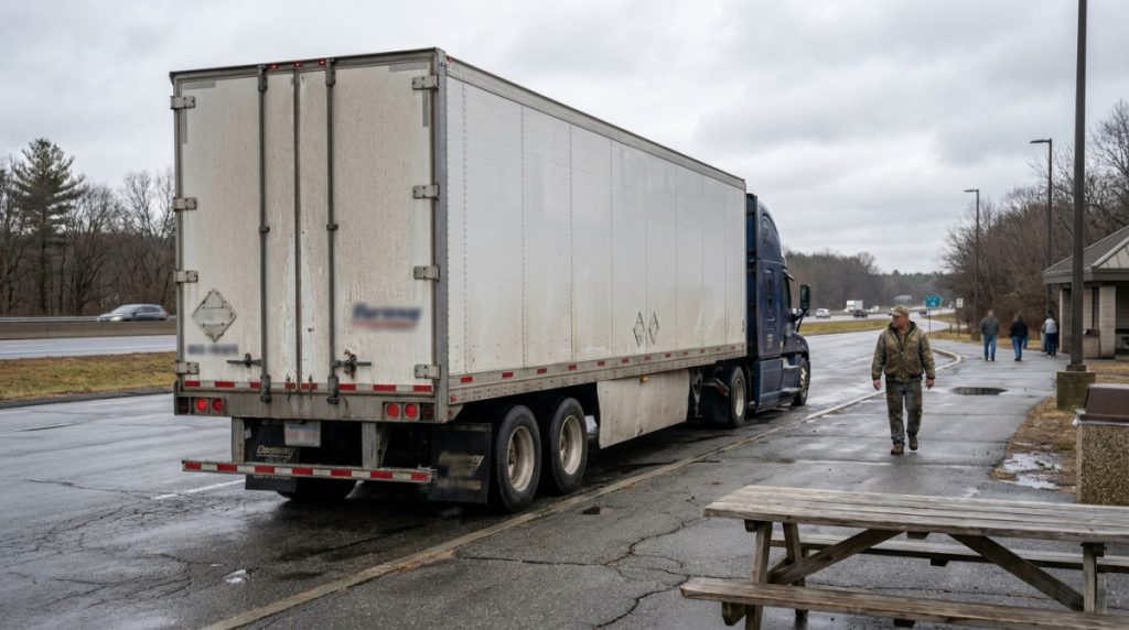 semi-truck with large trailer parked at highway rest stop near pedestrian