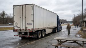 semi-truck with large trailer parked at highway rest stop near pedestrian