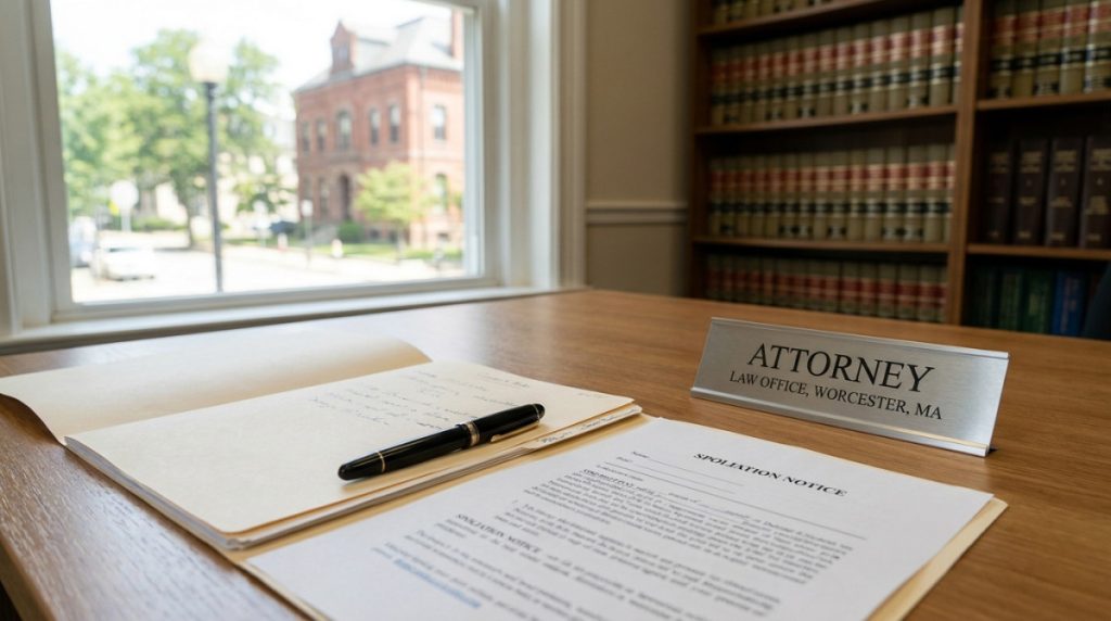 Spoilation Notice document and pen on attorney law office Worcester MA desk