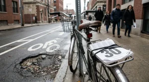 bicycle locked to pole beside large pothole in urban bike lane
