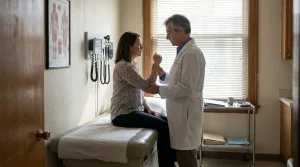 physician in white coat examining seated female patient's wrist in medical exam room