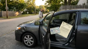 man standing near damaged car with Massachusetts auto insurance card and document