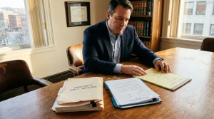 attorney reviewing Medical Lien Statement and Attorney Fee Worksheet documents at office desk
