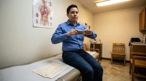 man seated on medical exam table holding smartphone with medical documents nearby
