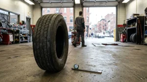 worn tire and pressure gauge on auto repair shop floor with mechanic standing nearby