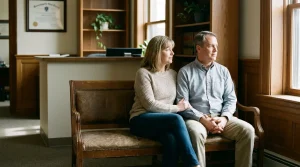 couple seated on wooden bench in law office waiting area with framed certificate