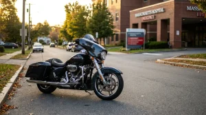 Harley-Davidson motorcycle parked on street outside Massachusetts Hospital Emergency entrance