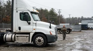 truck driver holding clipboard walking beside large semi-truck in commercial lot