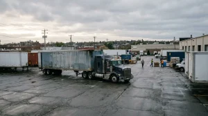 semi-truck with trailer maneuvering through busy commercial warehouse loading dock yard