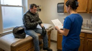 motorcyclist with bandaged hand on exam table as nurse reviews medical documents